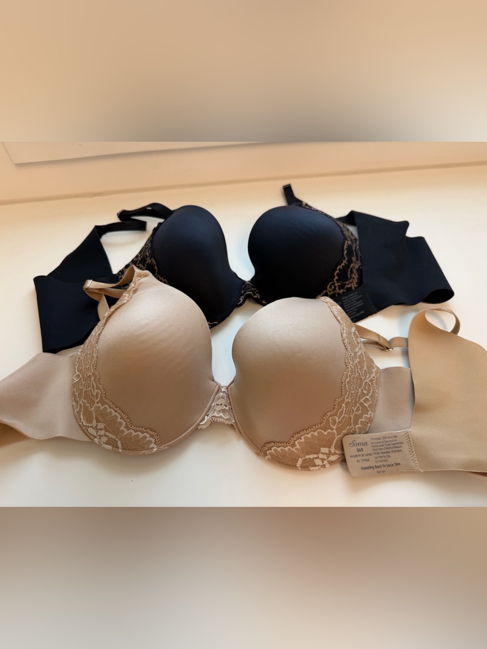 Soma Lace-Trim T-Shirt Bras in Beige and Black